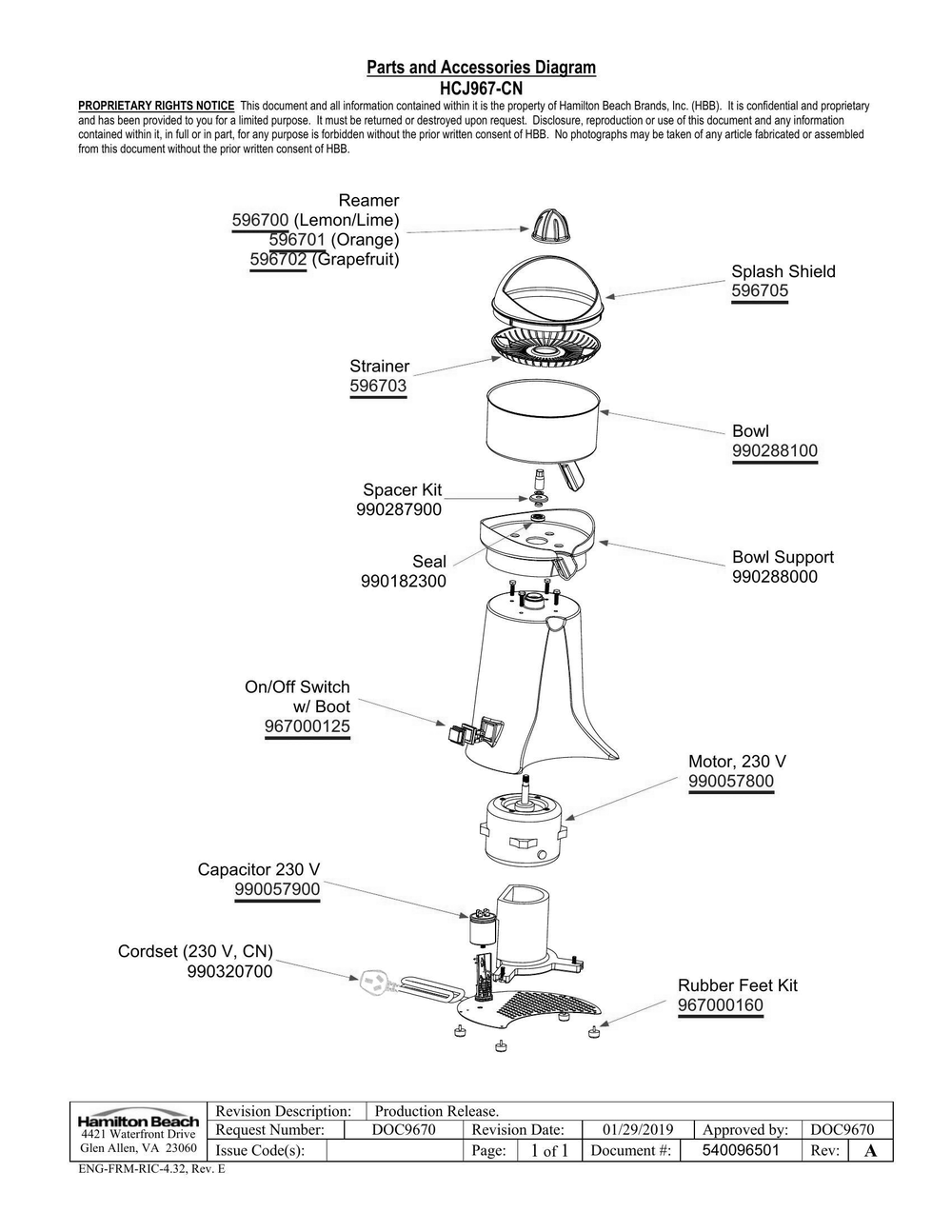 Diagram Diagram and Parts List for HCJ967-CN  Hamilton Beach Juicer
